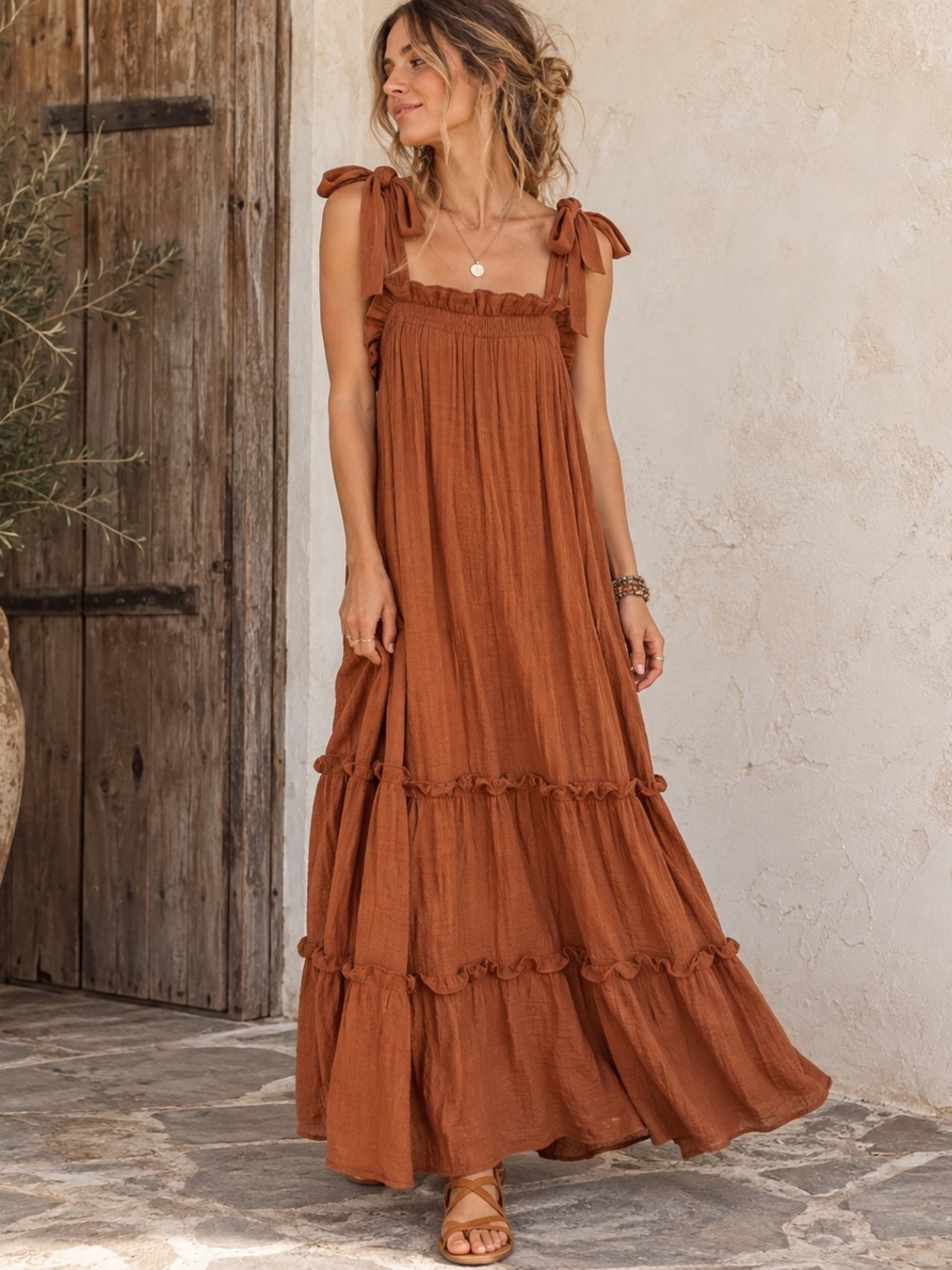 Rust Ruffle Tiered Boho Maxi Dress Tie Straps